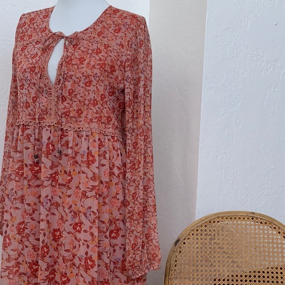 Sheer Fall Long Sleeve Maxi Dress Keyhole Ruffle Tiered Hem Prairie Cottagecore - Picture 4 of 10